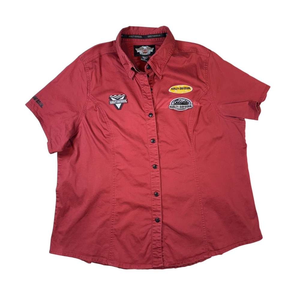 Harley-Davidson Women’s Shop Top Red Work Shirt Size 2W Plus With Patches‎